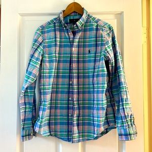 Ralph Lauren natural stretch boys dress shirt in cherry spring plaid.